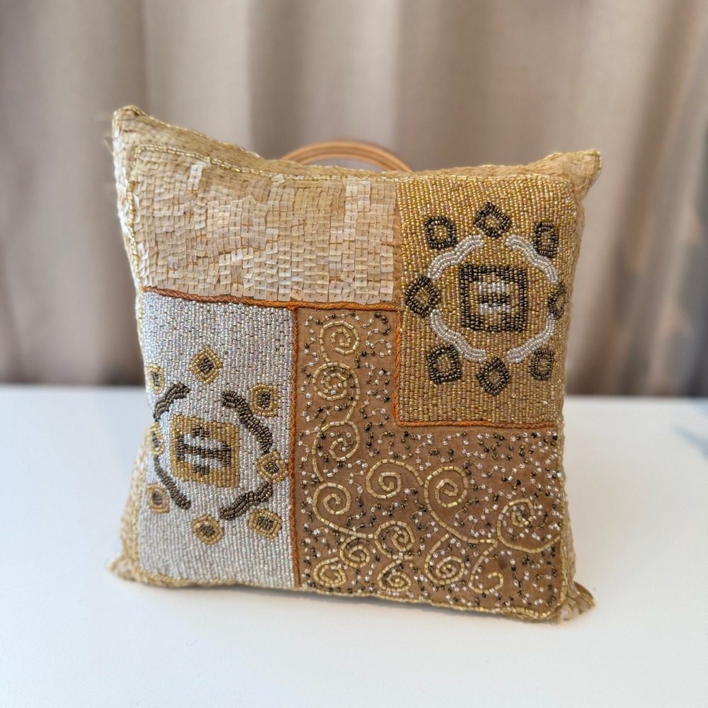 Vintage Hand Beaded Patchwork Throw Pillow Gold Bronze Sequin Boho Decor